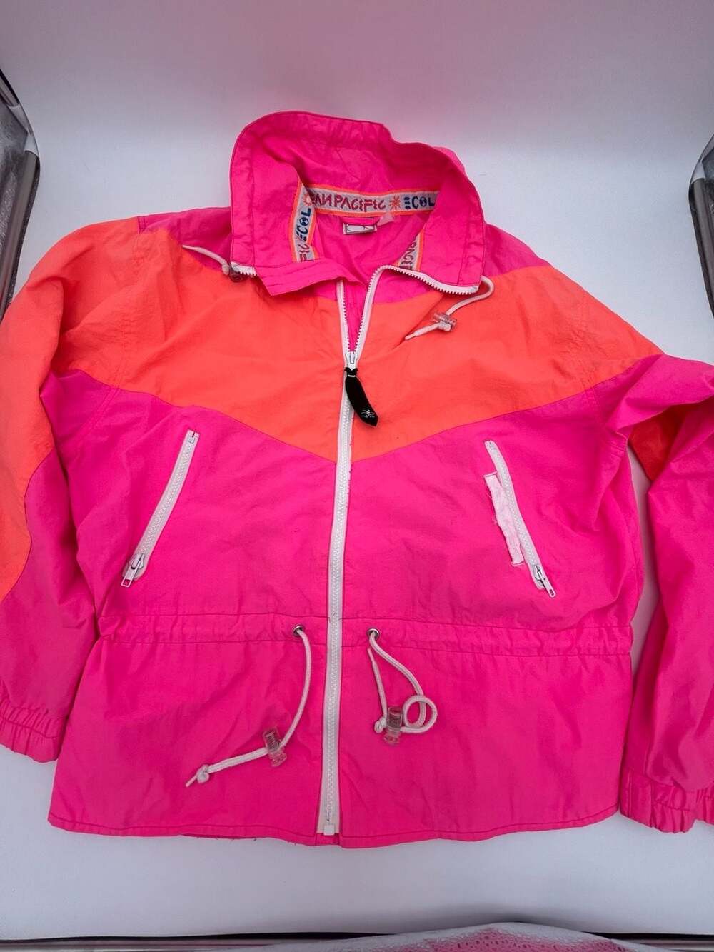 VTG 80s Ocean Pacific Neon Pink Orange Colorblock Nylon Windbreaker Jacket S/M